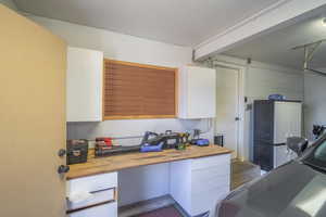 Kitchen featuring wood counters and white cabinets