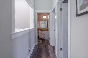 Hallway featuring dark hardwood / wood-style flooring and sink