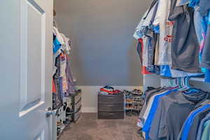 Spacious closet featuring vaulted ceiling and dark carpet