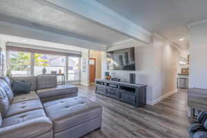 Living room with dark wood-type flooring, ornamental molding, and a textured ceiling