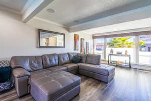 Living room featuring dark wood-type flooring, ornamental molding, and a textured ceiling