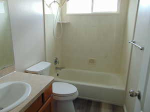 Full bathroom with vanity, toilet, wood-type flooring, and a wealth of natural light