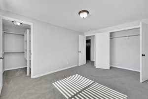 Unfurnished bedroom with carpet flooring and a closet