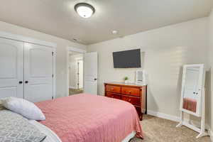 Carpeted bedroom featuring a closet and a textured ceiling