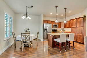 Kitchen with a breakfast bar, hanging light fixtures, stainless steel appliances, wood-type flooring, and a center island with sink