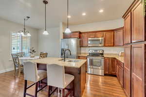 Kitchen with sink, decorative light fixtures, stainless steel appliances, and a center island with sink