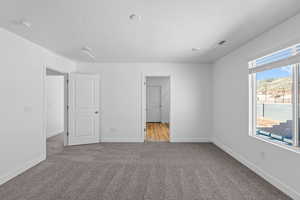 Unfurnished bedroom featuring light carpet and a textured ceiling