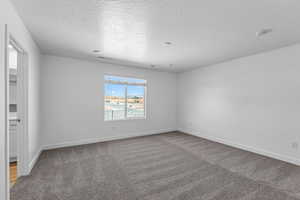 Unfurnished room with a textured ceiling and carpet flooring