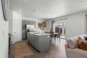 Kitchen featuring a kitchen island with sink, sink, dark wood-type flooring, and gray cabinets