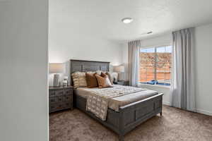 Bedroom featuring a textured ceiling and carpet