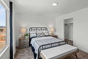 Carpeted bedroom featuring a walk in closet