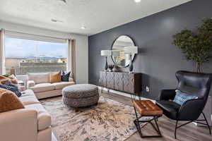 Living room featuring hardwood / wood-style flooring and a textured ceiling