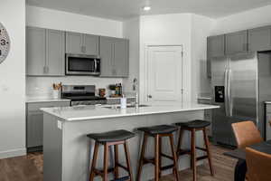 Kitchen featuring stainless steel appliances, gray cabinetry, and a center island with sink