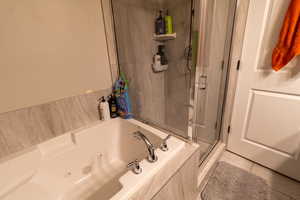 Master bathroom with tub and walk-in shower