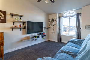 Living room featuring vaulted ceiling and carpeted floor