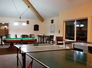 Playroom featuring beamed ceiling, carpet floors, and pool table