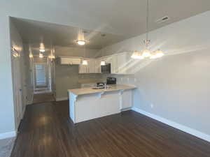 Kitchen with dark hardwood / wood-style floors, decorative light fixtures, white cabinetry, sink, and kitchen peninsula