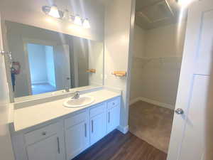 Bathroom featuring wood-type flooring and vanity