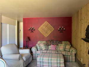 Living room with carpet flooring and wood walls