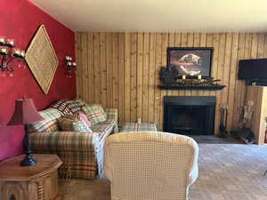 Living room featuring wood walls, carpet flooring and fireplace