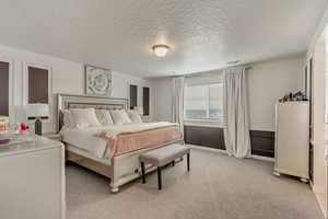 Carpeted bedroom featuring a textured ceiling