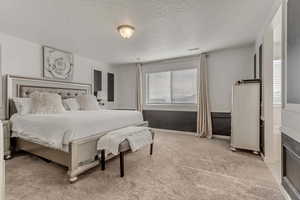 Bedroom featuring light carpet and a textured ceiling