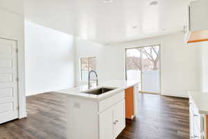 Kitchen featuring a kitchen island with sink, sink, white cabinets, and dark hardwood / wood-style floors