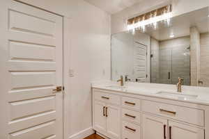 Bathroom with vanity and a shower with shower door