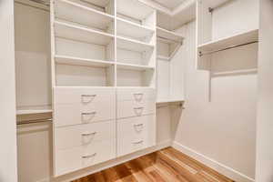 Spacious closet with light hardwood / wood-style floors