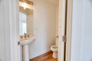 Bathroom with hardwood / wood-style floors, sink, and toilet