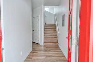 Entrance foyer featuring light hardwood / wood-style flooring and electric panel