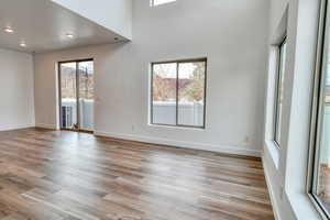 Empty room featuring a towering ceiling, light hardwood / wood-style flooring, and a healthy amount of sunlight