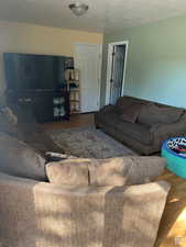 Living room with wood-type flooring and a textured ceiling