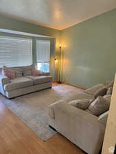 Living room featuring hardwood / wood-style flooring and a textured ceiling