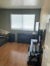 Bedroom with hardwood / wood-style floors and a textured ceiling