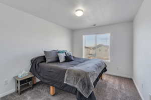 Carpeted bedroom featuring a textured ceiling