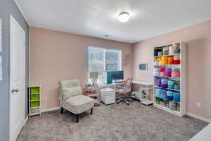 Carpeted home office featuring a textured ceiling