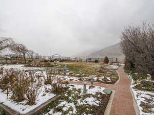 Yard layered in snow featuring a mountain view