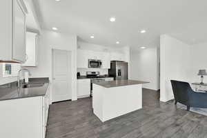 Kitchen with sink, stainless steel appliances, dark hardwood / wood-style floors, a center island, and white cabinets