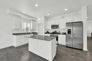 Kitchen featuring sink, a center island, dark hardwood / wood-style flooring, stainless steel appliances, and white cabinets