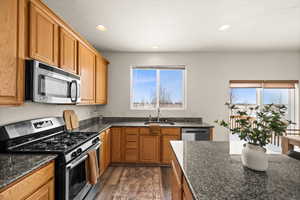 Kitchen featuring dark stone countertops, a healthy amount of sunlight, and appliances with stainless steel finishes