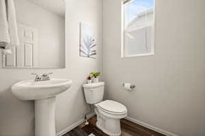 Bathroom featuring sink, wood-type flooring, and toilet