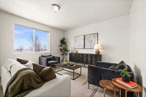 Living room with light colored carpet