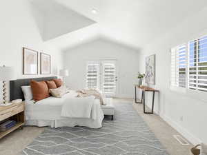 Bedroom featuring light carpet, access to outside, and vaulted ceiling