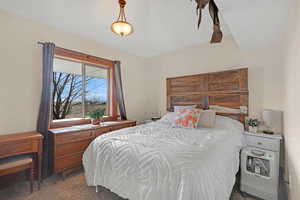 Bedroom with dark colored carpet