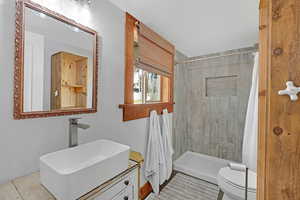 Bathroom with toilet, vanity, and a shower with curtain