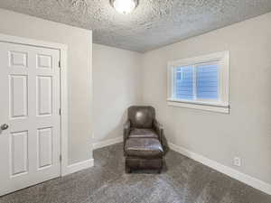 Unfurnished room featuring dark colored carpet and a textured ceiling