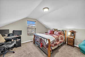 Bedroom with carpet flooring and vaulted ceiling