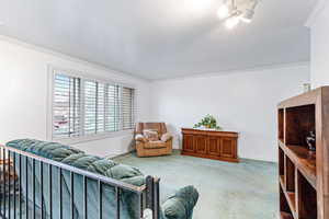 Living room featuring light carpet and crown molding