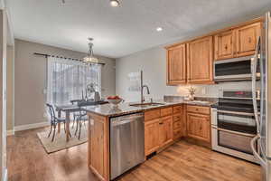 Kitchen with sink, kitchen peninsula, pendant lighting, stainless steel appliances, and light hardwood / wood-style floors